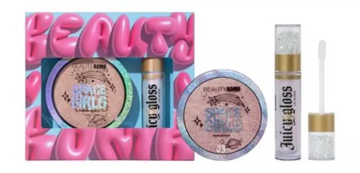 Набор для сияющего макияжа кожи лица и губ Beauty Bomb Space Girls Highlighter & Juicy Lip Gloss Set