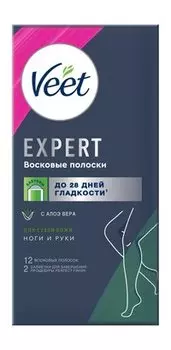 Набор из 12 полосок для депиляции с алое вера Veet Expert Восковые полоски Для сухой кожи Ноги и руки