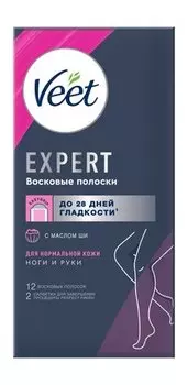 Набор из 12 полосок для депиляции с маслом ши Veet Expert Восковые полоски Для нормальной кожи кожи Ноги и руки