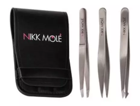 Набор из трех пинцетов для бровей с чехлом Nikk Mole Silver Tweezers Case Set