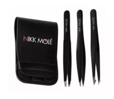 Набор из трех пинцетов для бровей с чехлом Nikk Mole Black Tweezers Case Set