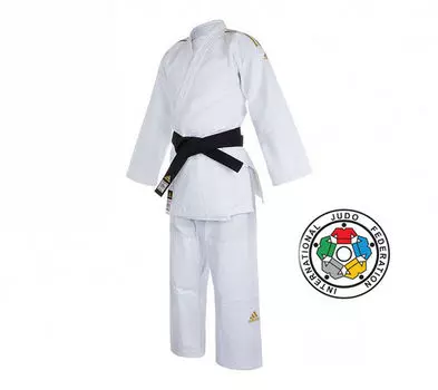 Кимоно для дзюдо Champion 2 IJF Premium белое с золотыми полосками Adidas
