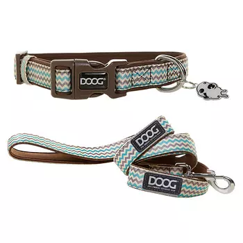DOOG Ошейник и поводок для собак "Benji", коричнево-голубой зигзаг, S, 23-34см/120х1.5см, КОМПЛЕКТ