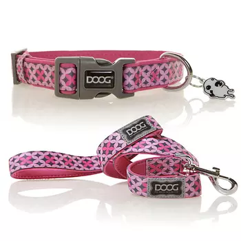 DOOG Ошейник и поводок для собак "Toto", розовый с узором, M, 32-46см/130х2.5см, КОМПЛЕКТ