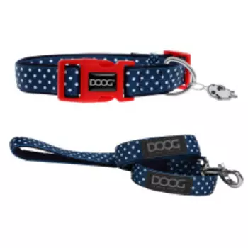 DOOG Ошейник и поводок для собак "Stella", синий в белый горох, M, 32-46см/130х2.5см, КОМПЛЕКТ
