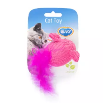 DUVO+ Игрушка для кошек мягкая "Мышка с хвостом из перьев", розовая, 10х6х4см (Бельгия)