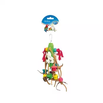 DUVO+ Игрушка для птиц "Подвеска деревянная с кожанными полосками и хлопком", разноцветная, 23см