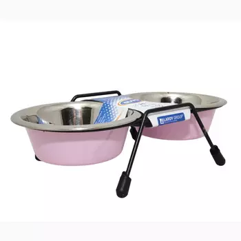 DUVO+ Миска для животных металлическая двойная на подставке, розовая, D11см/240мл (Бельгия)