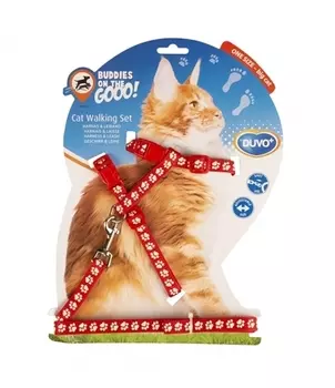 DUVO+ Шлейка для крупных кошек "Белые лапки", красная, 30-50см/125х1.2см (Бельгия)