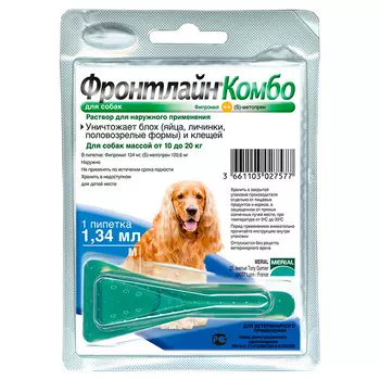 Фронтлайн Комбо для собак 10-20 кг (M) – для защиты от клещей, блох в форме капель, 1.34 мл