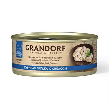 GRANDORF Корм влаж.куриная грудка с сибасом д/кошек конс.70г