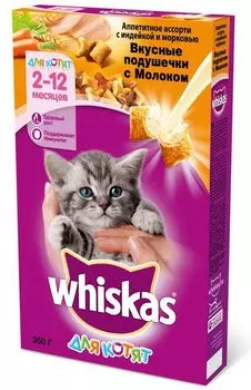 WHISKAS Вкусные подуш.молоко с инд/морк.корм сух.д/котят 1,9кг