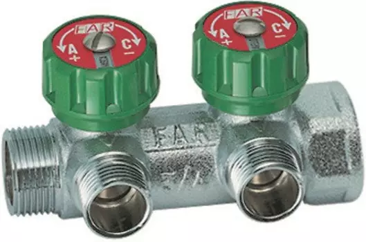 Регулирующий коллектор 3/4"х1/2" с 2 отводами FAR FK 3821 3412TP плоское уплотнение