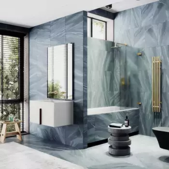 Шторка на ванну MaybahGlass MGV-648-3 40,5 см R, профиль золотой матовый, стекло матовое