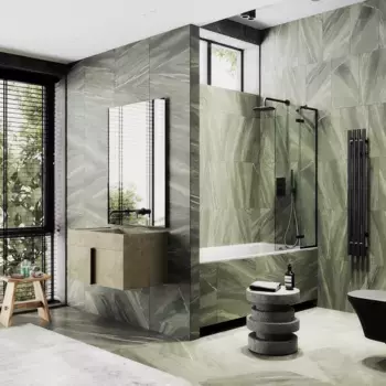 Шторка на ванну MaybahGlass MGV-915-6 99 см, профиль черный матовый, стекло прозрачное