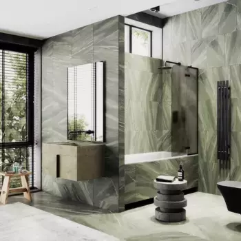 Шторка на ванну MaybahGlass MGV-917-6 99 см R, профиль черный матовый, стекло бронза матовая