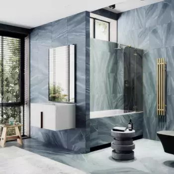 Шторка на ванну MaybahGlass MGV-918-3 99 см, профиль золотой матовый, стекло графитовое