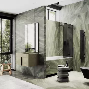 Шторка на ванну MaybahGlass MGV-919-6 99 см R, профиль черный матовый, стекло графитовое матовое