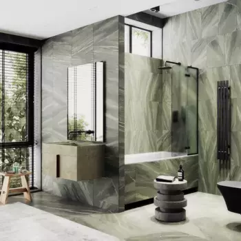 Шторка на ванну MaybahGlass MGV-920-6 99 см R, профиль черный матовый, стекло матовое