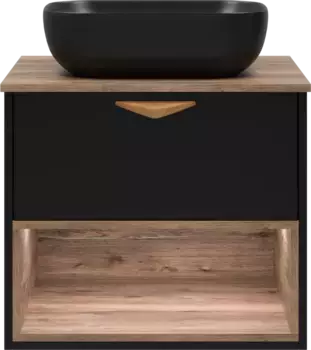 Тумба под раковину Brevita Bergen BER-07060-19-02-1Я 60,4 см, подвесная, со столешницей, подсветкой, черный матовый/дуб галифакс