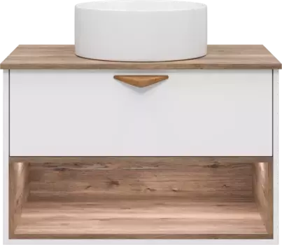 Тумба под раковину Brevita Bergen BER-07080-19-01-1Я 80,4 см, подвесная, со столешницей, подсветкой, белый матовый/дуб галифакс