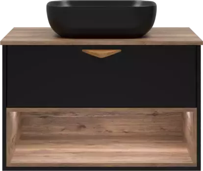 Тумба под раковину Brevita Bergen BER-07080-19-02-1Я 80,4 см, подвесная, со столешницей, подсветкой, черный матовый/дуб галифакс