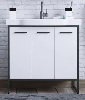 Тумба с раковиной белый глянец/черный 90,5 см с бельевой корзиной Corozo Айрон SETSD-00000412/SD-00000378