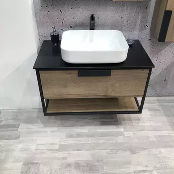 Тумба с раковиной дуб темный/черный муар 90 см Comforty Кёльн 00004149965