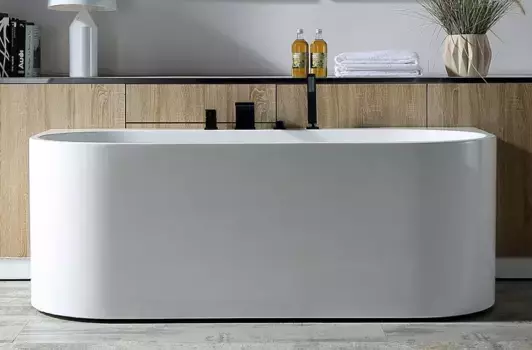 Акриловая ванна Abber AB9310 170x80 см, пристенная, белая, овальная, с каркасом, со сливом-переливом