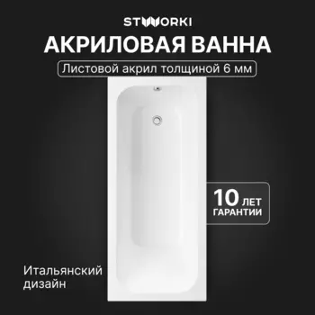 Акриловая ванна STWORKI Ларвик 170x75 см, пристенная, белая, с каркасом