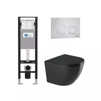 Комплект унитаза WeltWasser Merzbach 043 с инсталляцией AMBERG 350 черный глянцевый, с сиденьем микролифт и клавишей смыва AMBERG RD-MT CR хром матовый