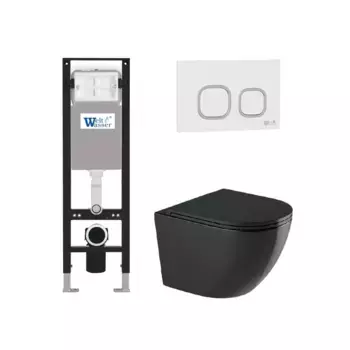 Комплект унитаза WeltWasser Merzbach 043 с инсталляцией AMBERG 350 черный глянцевый, с сиденьем микролифт и клавишей смыва AMBERG RD-WT белый