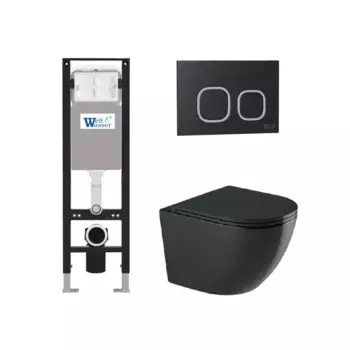 Комплект унитаза WeltWasser Merzbach 043 с инсталляцией AMBERG 350 черный глянцевый, с сиденьем микролифт и клавишей смыва AMBERG RD-BL черный матовый
