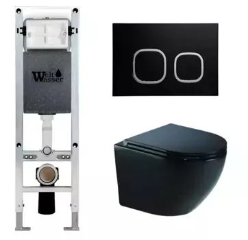 Комплект унитаза WeltWasser Merzbach 043 с инсталляцией AMBERG 350 ST черный глянцевый, с сиденьем микролифт и клавишей смыва AMBERG RD-BL черный матовый