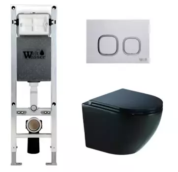 Комплект унитаза WeltWasser Merzbach 043 с инсталляцией AMBERG 350 ST черный глянцевый, с сиденьем микролифт и клавишей смыва AMBERG RD-WT белый