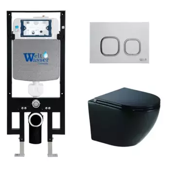 Комплект унитаза WeltWasser Merzbach 043 с инсталляцией AMBERG 497 черный глянцевый, с сиденьем микролифт и клавишей смыва AMBERG RD-WT белый