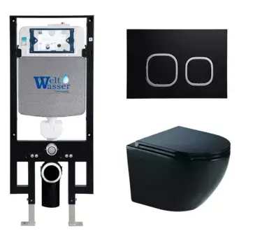 Комплект унитаза WeltWasser Merzbach 043 с инсталляцией AMBERG 497 черный глянцевый, с сиденьем микролифт и клавишей смыва AMBERG RD-BL черный матовый