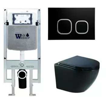 Комплект унитаза WeltWasser Merzbach 043 с инсталляцией AMBERG 497 ST черный глянцевый, с сиденьем микролифт и клавишей смыва AMBERG RD-BL черный матовый