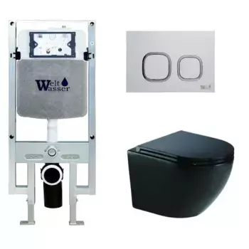 Комплект унитаза WeltWasser Merzbach 043 с инсталляцией AMBERG 497 ST черный глянцевый, с сиденьем микролифт и клавишей смыва AMBERG RD-WT белый