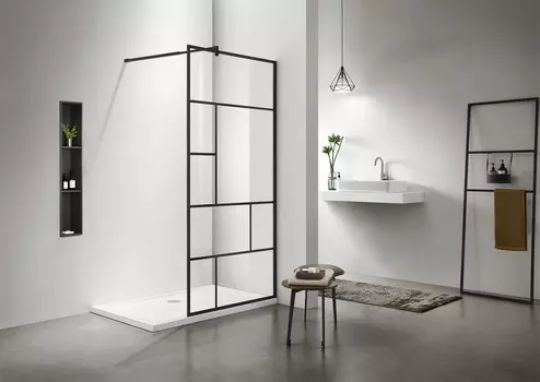 AQ WIW Print 10020BL Душевая перегородка Walk in, с держателем 1000x2000, профиль черный матовый, стекло прозрачное с черным принтом