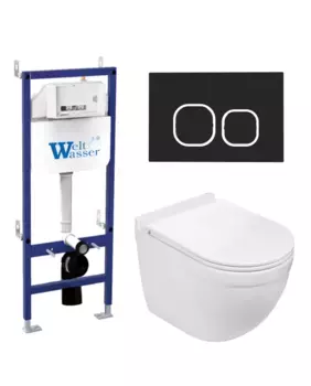 Комплект унитаза WeltWasser Heimbach 043 с инсталляцией BAMBERG 460 белый, с сиденьем микролифт и клавишей смыва BAMBERG BL черный матовый