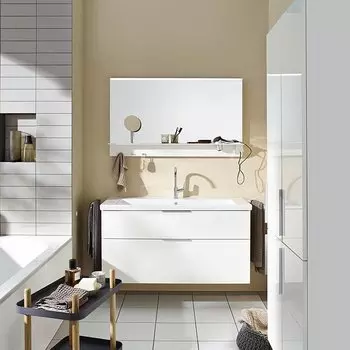 BURGBAD Eqio База подвесная с керамическим умывальником 1230х490х645 мм. 2 ящика с ручкой желоб., c 1 отв под смес. цвет белый глянц F2009