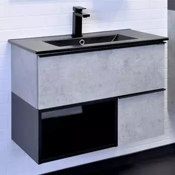 COMFORTY. Тумба-умывальник "Франкфурт-75" бетон светлый с раковиной COMFORTY 75E черная матовая