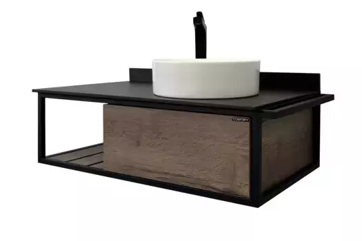 COMFORTY. Тумба-умывальник "Лиссабон-95" дуб темный с правой черной столешницей с раковиной COMFORTY 9111 с сифоном