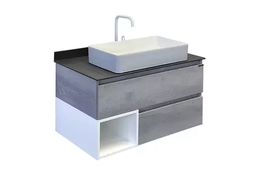 COMFORTY. Тумба-умывальник "Прага-90" дуб белый с серой столешницей NEW, с раковиной COMFORTY 78189