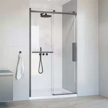 Душевая дверь в нишу Vincea Como Soft VDS-1CS130CLGM 130 см, профиль вороненая сталь, стекло прозрачное