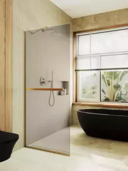 Душевая перегородка Maybahglass 109х195 с полотенцедержателем, узкий золото матовый, стекло бронза