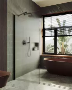 Душевая перегородка Maybahglass 69х195 широкий профиль черный, стекло сатин