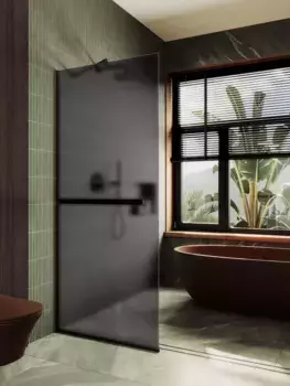 Душевая перегородка Maybahglass 89х195 с полотенцедержателем, узкий профиль черный, стекло графит матовое