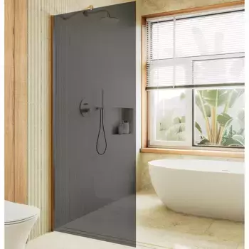 Душевая перегородка в широком профиле Maybahglass 195х109 профиль золото, стекло графит